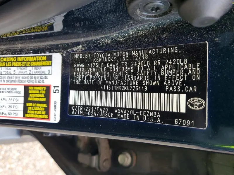 2019 TOYOTA CAMRY LE  