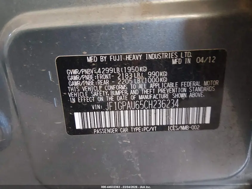 2012 SUBARU IMPREZA 2.0I SPORT LIMITED