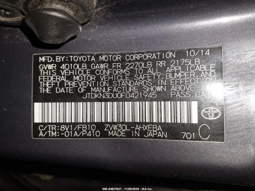 2015 TOYOTA PRIUS TWO