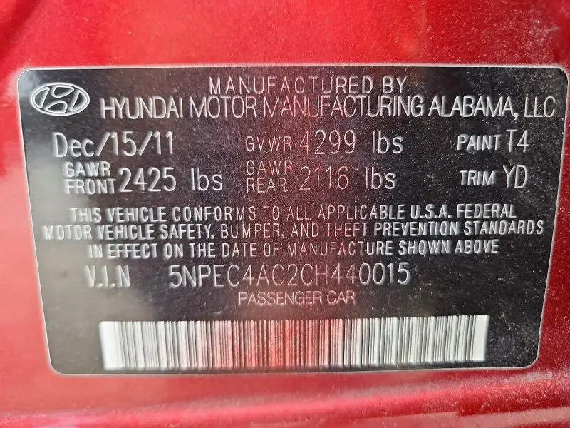 2012 HYUNDAI SONATA LIMITED  