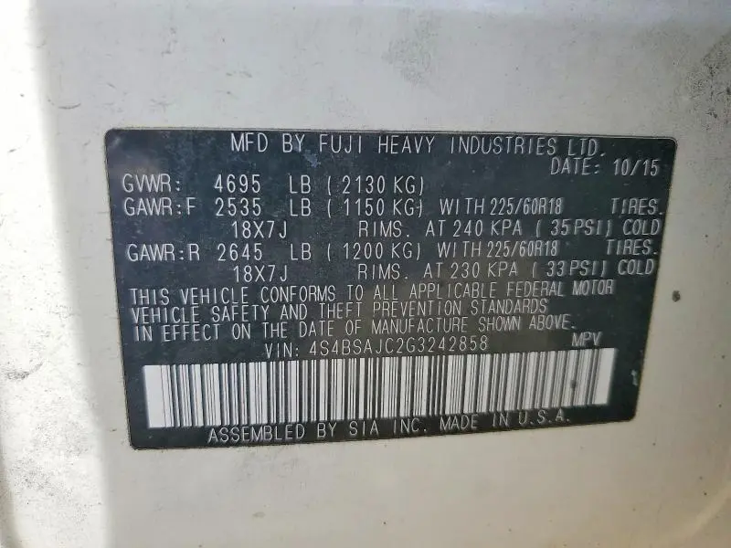 2016 SUBARU OUTBACK 2.5I LIMITED  