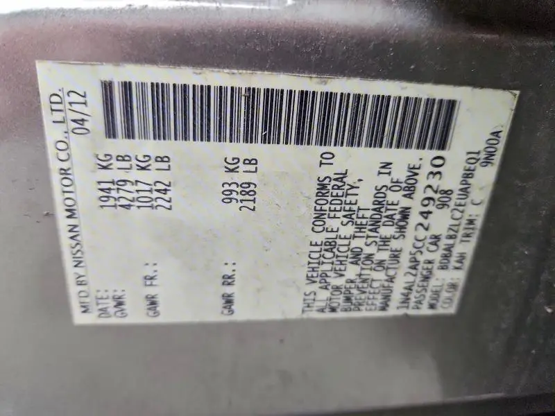 2012 NISSAN ALTIMA BASE  