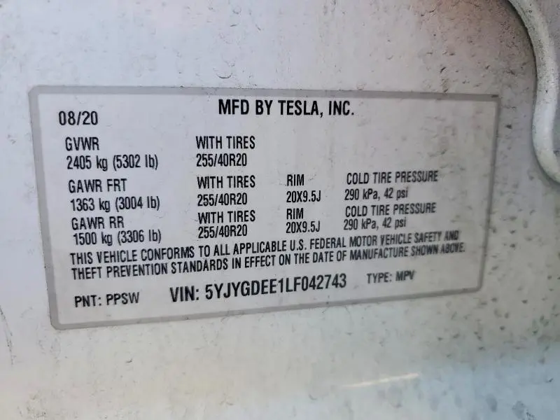2020 TESLA MODEL Y   