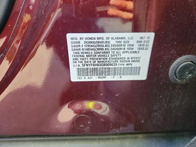 2016 HONDA PILOT EXL  
