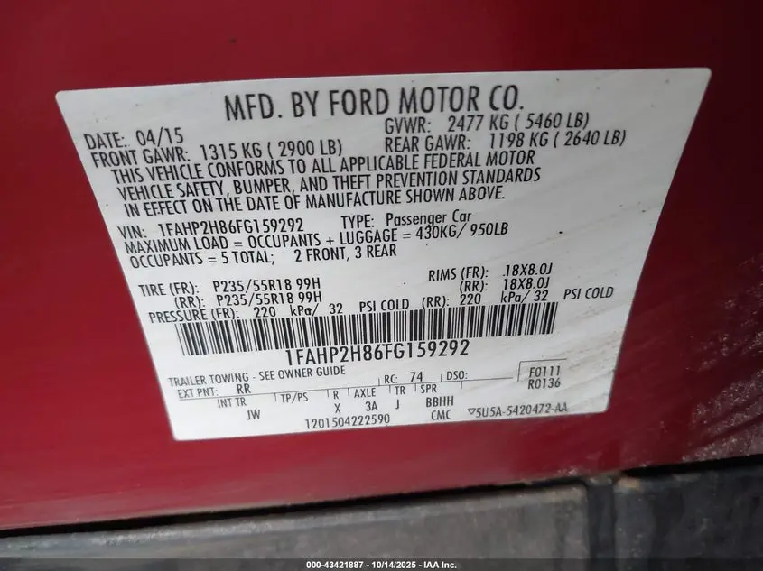 2015 FORD TAURUS SEL