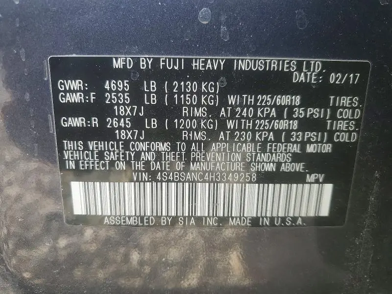 2017 SUBARU OUTBACK 2.5I LIMITED  