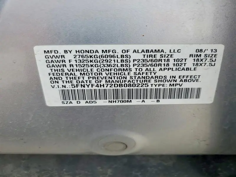 2013 HONDA PILOT EXLN  