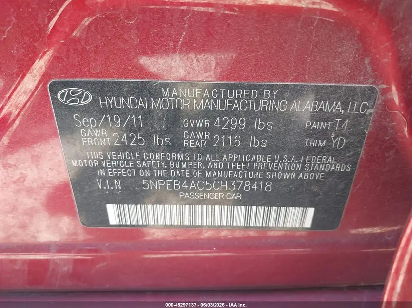 2012 HYUNDAI SONATA GLS