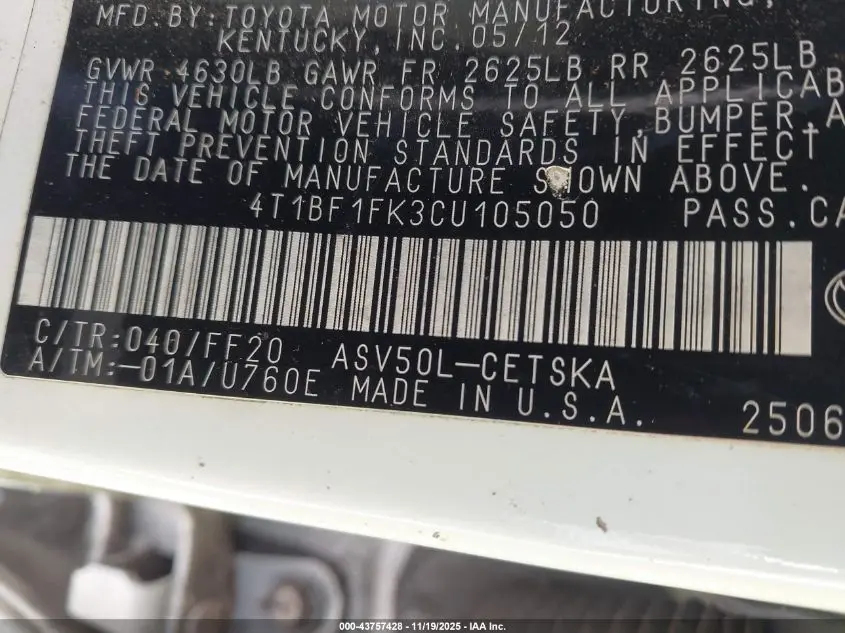 2012 TOYOTA CAMRY SE