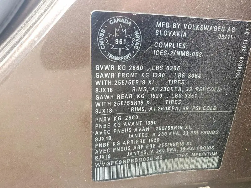 2011 VOLKSWAGEN TOUAREG V6 TDI  