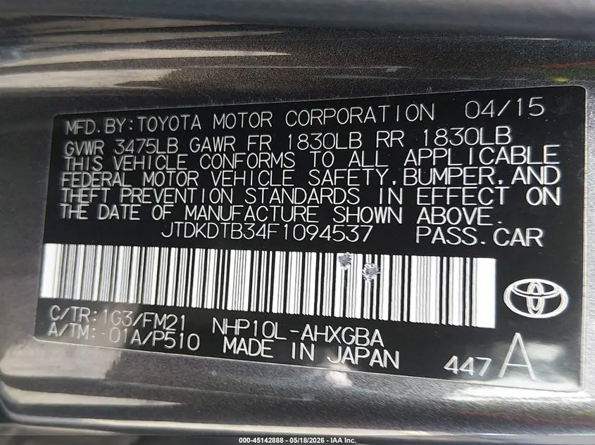 2015 TOYOTA PRIUS C THREE