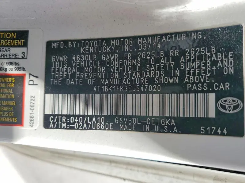 2014 TOYOTA CAMRY XLE V6  