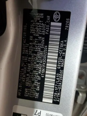 2012 TOYOTA CAMRY XLE V6  