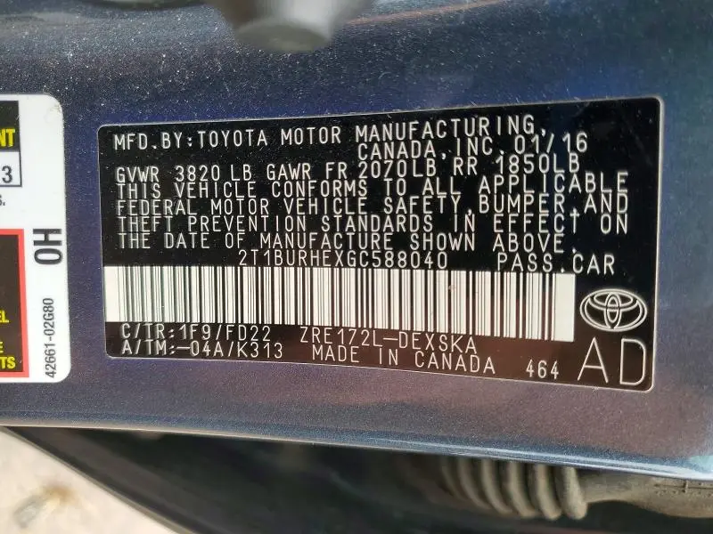 2016 TOYOTA COROLLA S PLUS  