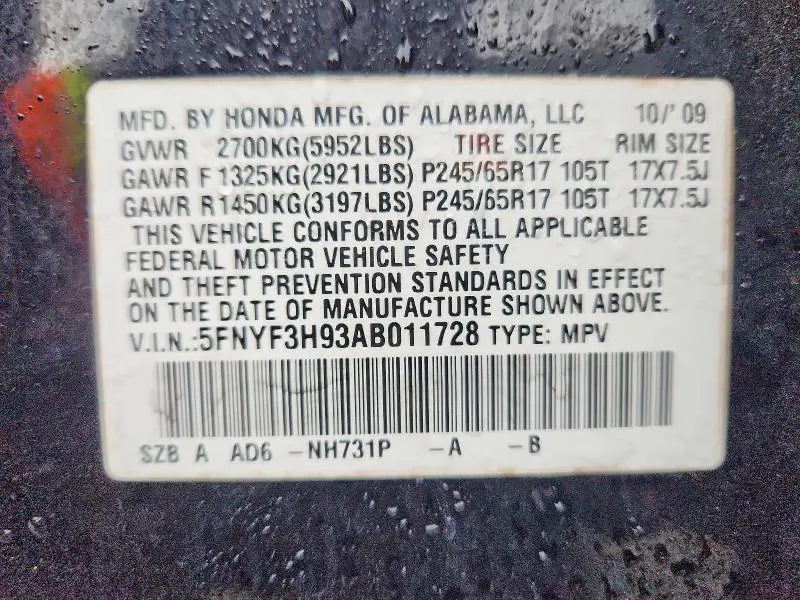 2010 HONDA PILOT TOURING  