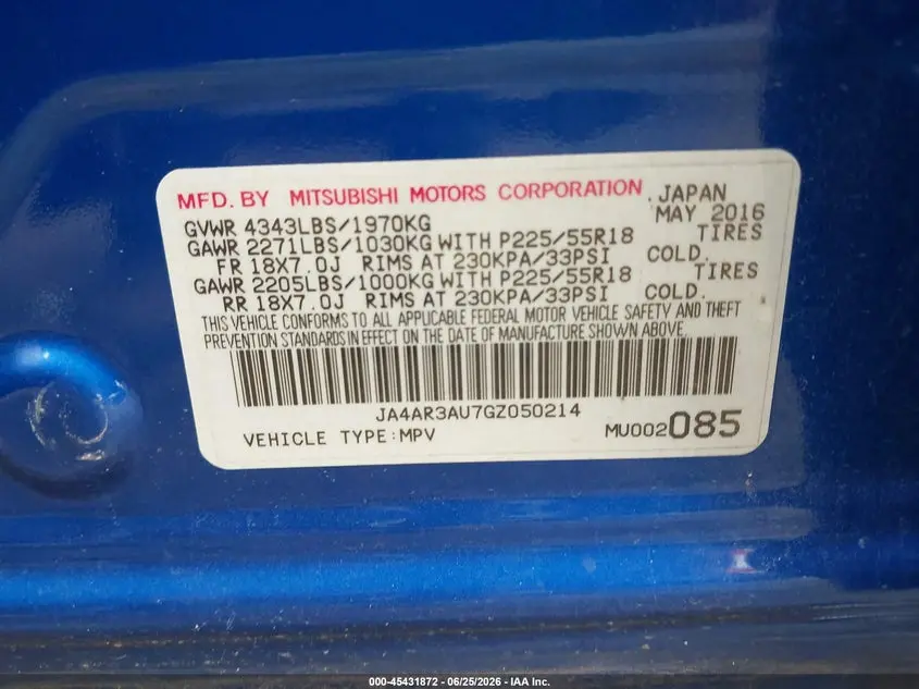 2016 MITSUBISHI OUTLANDER SPORT 2.0 ES