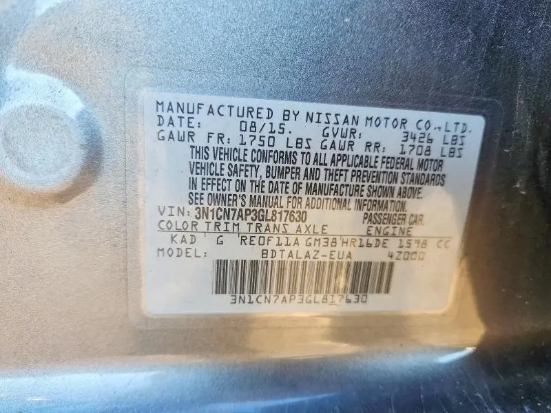 2016 NISSAN VERSA 1.6 S PLUS  