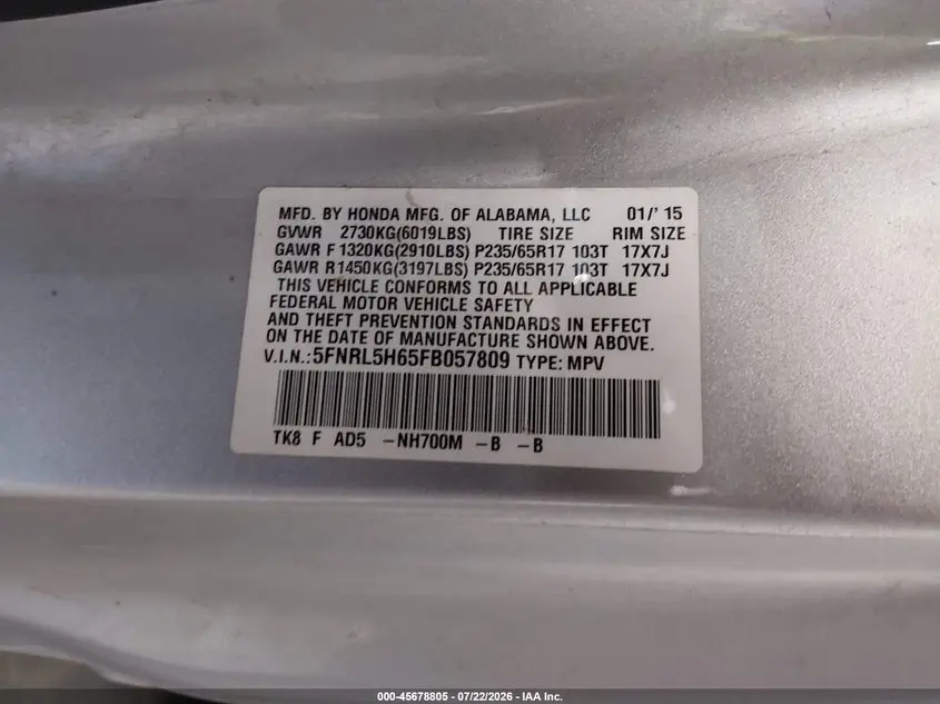 2015 HONDA ODYSSEY EX-L