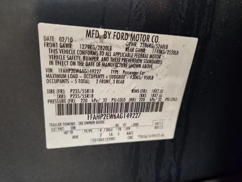 2010 FORD TAURUS SEL  