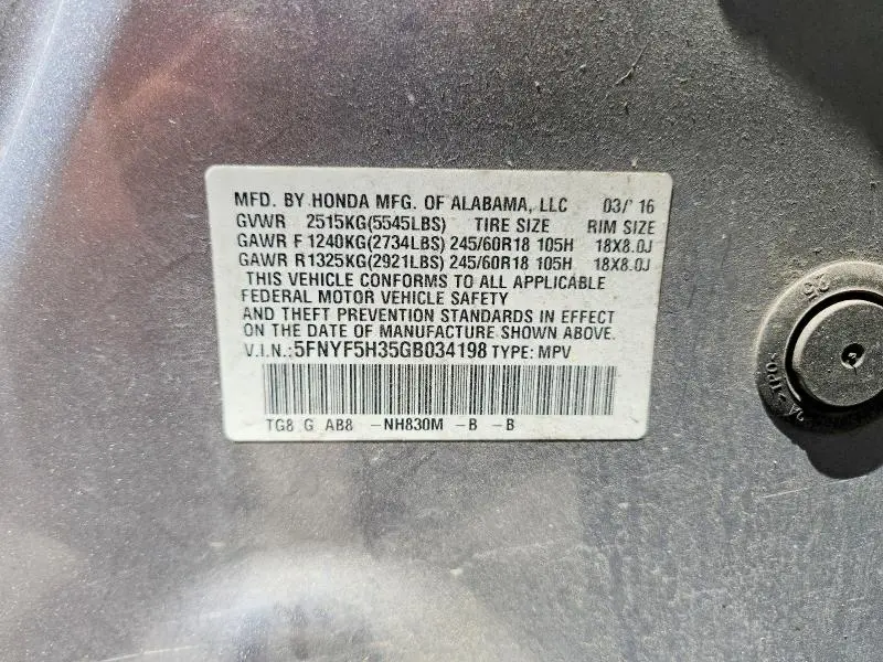 2016 HONDA PILOT EX  