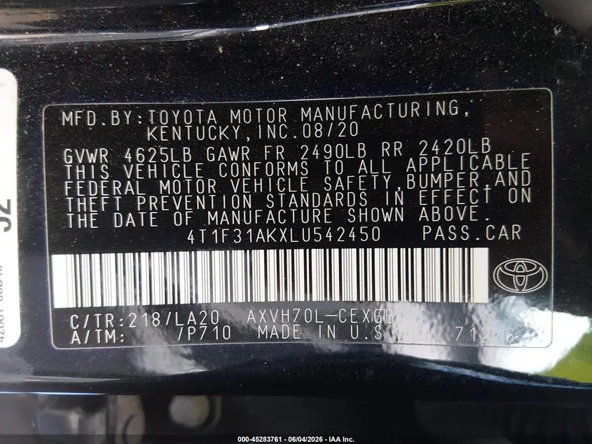 2020 TOYOTA CAMRY XLE HYBRID