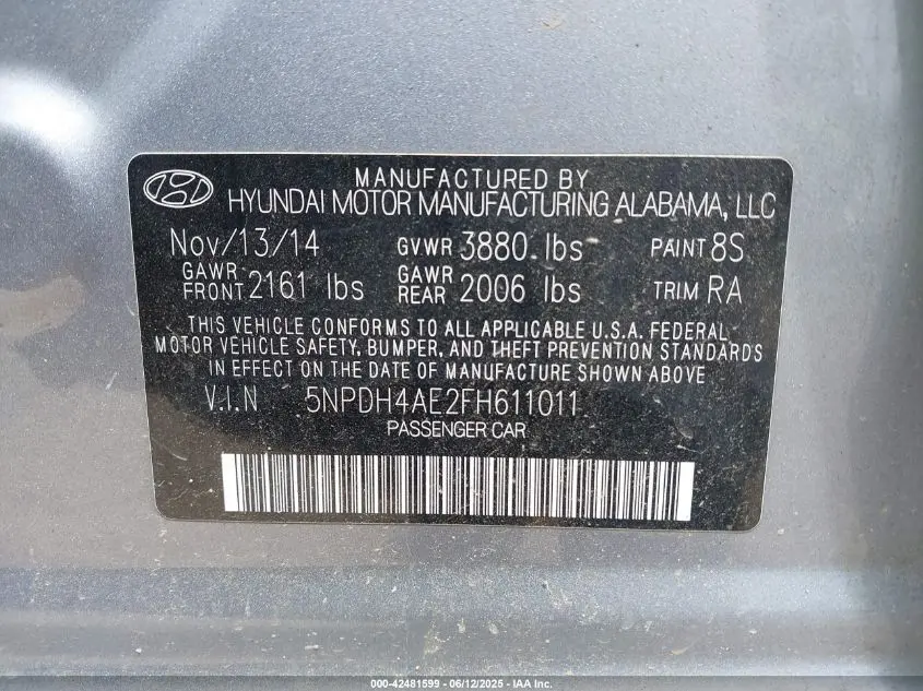 2015 HYUNDAI ELANTRA LIMITED