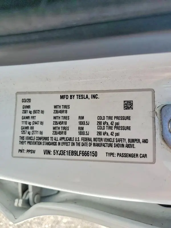 2020 TESLA MODEL 3   