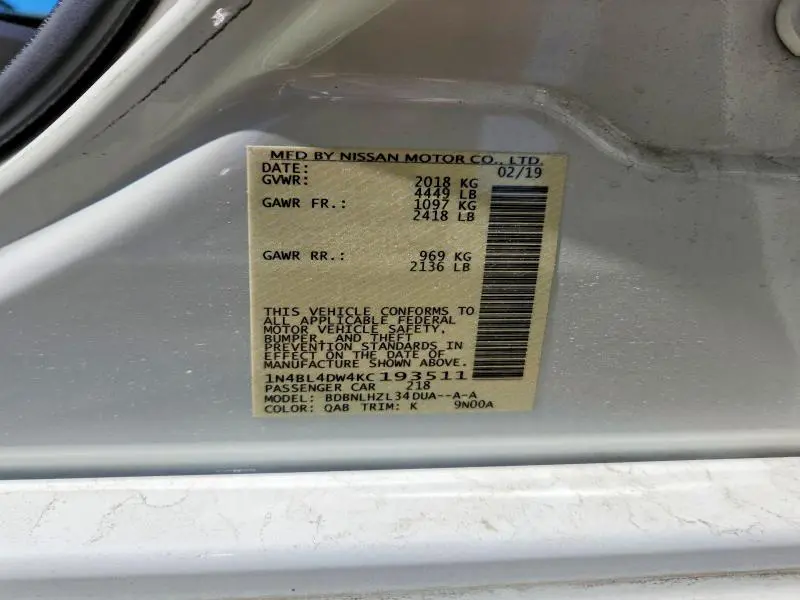2019 NISSAN ALTIMA SV  
