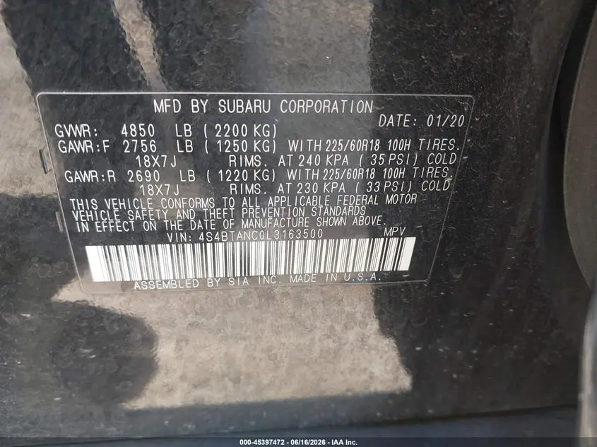 2020 SUBARU OUTBACK LIMITED