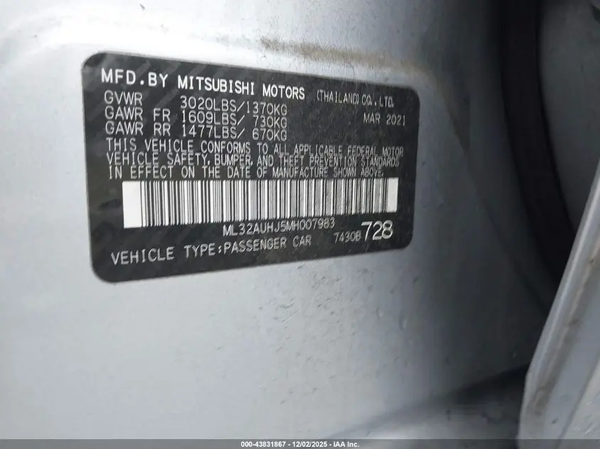 2021 MITSUBISHI MIRAGE CARBONITE EDITION/ES/LE