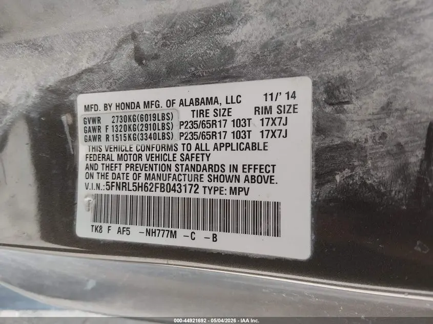 2015 HONDA ODYSSEY EX-L