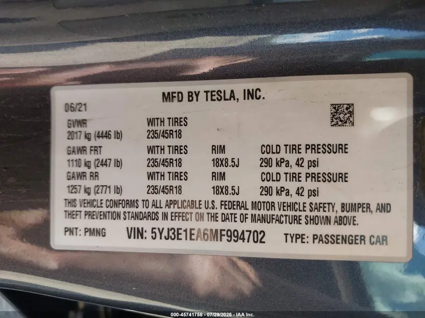 2021 TESLA MODEL 3 STANDARD RANGE PLUS REAR-WHEEL DRIVE