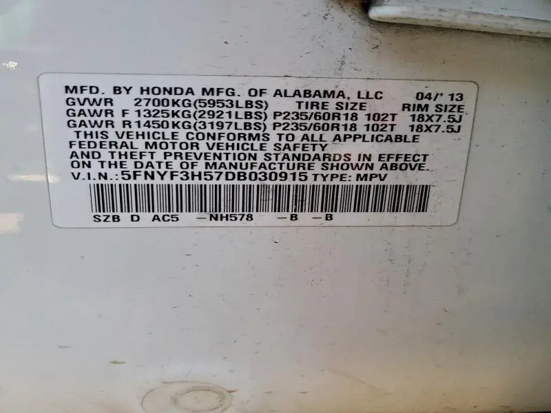 2013 HONDA PILOT EXL  