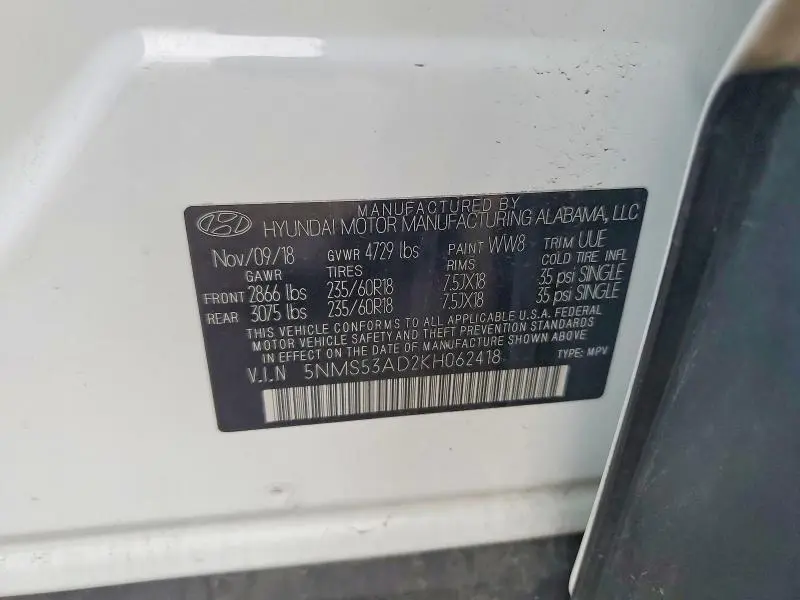2019 HYUNDAI SANTA FE LIMITED 2.4L  