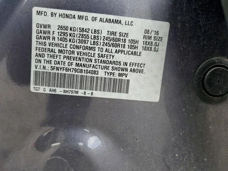 2016 HONDA PILOT EXLN  