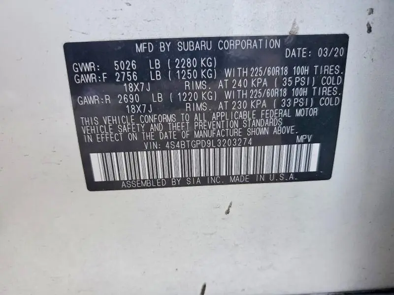2020 SUBARU OUTBACK TOURING LDL  