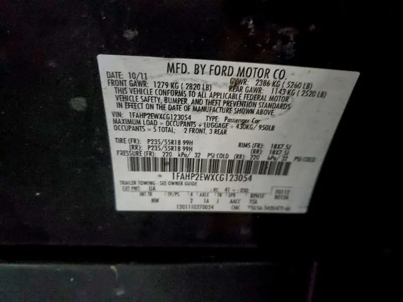 2012 FORD TAURUS SEL  