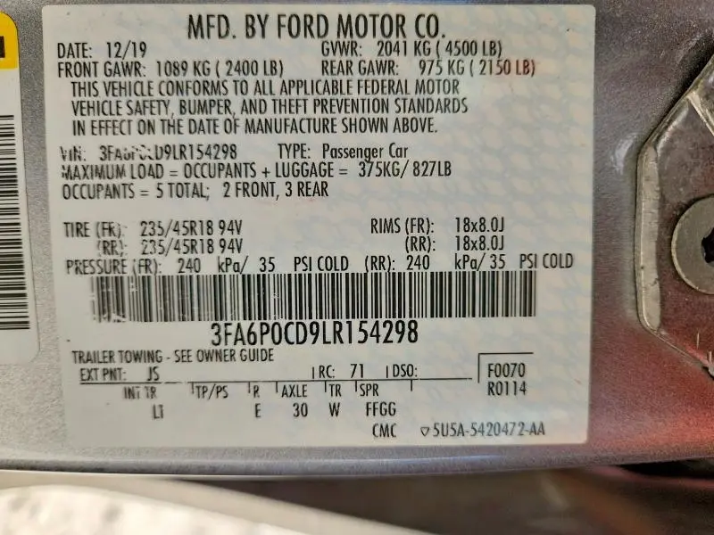 2020 FORD FUSION SEL  