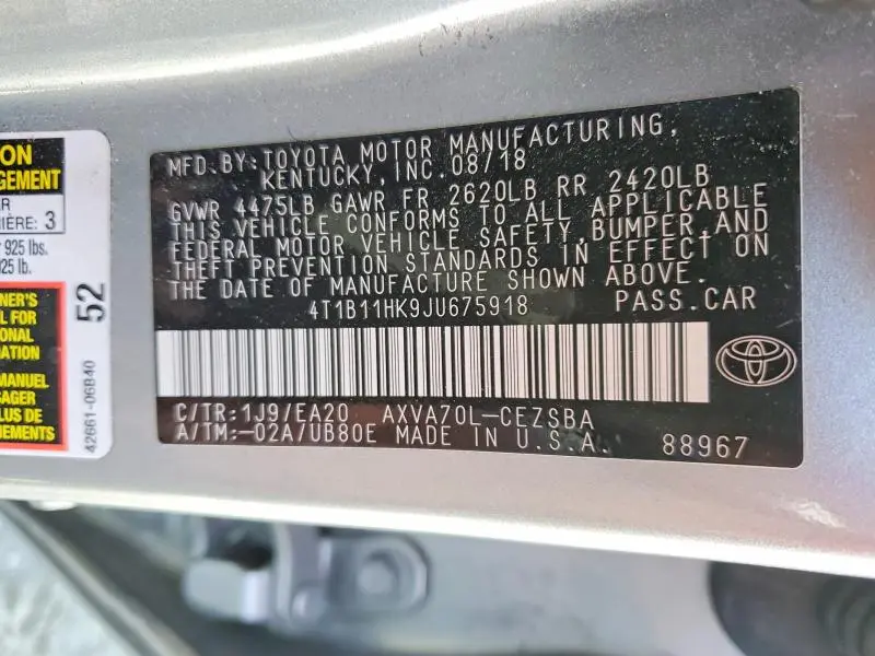 2018 TOYOTA CAMRY SE  