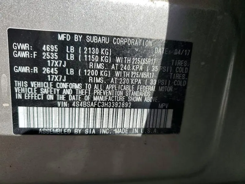 2017 SUBARU OUTBACK 2.5I PREMIUM  