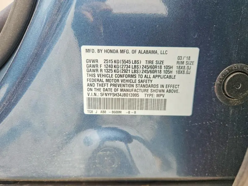 2018 HONDA PILOT EX  