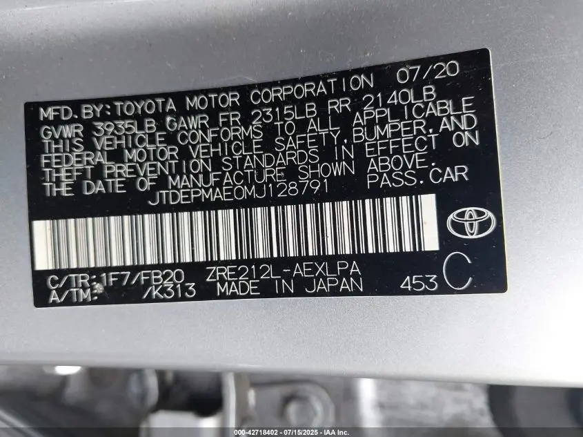 2021 TOYOTA COROLLA LE