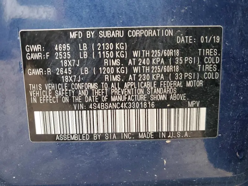 2019 SUBARU OUTBACK 2.5I LIMITED  