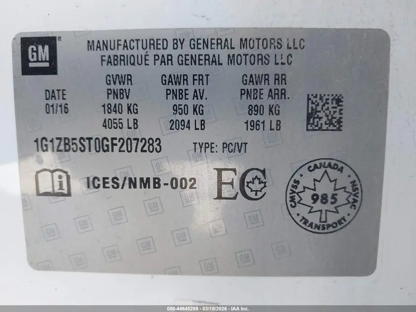 2016 CHEVROLET MALIBU LS