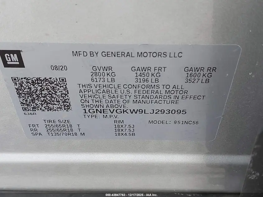 2020 CHEVROLET TRAVERSE AWD LT CLOTH