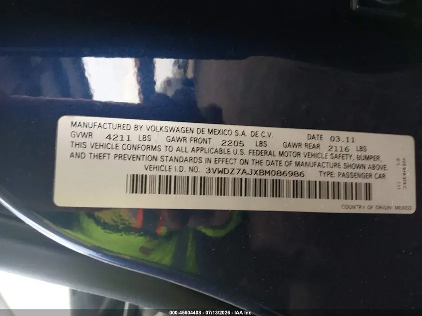 2011 VOLKSWAGEN JETTA 2.5L SE