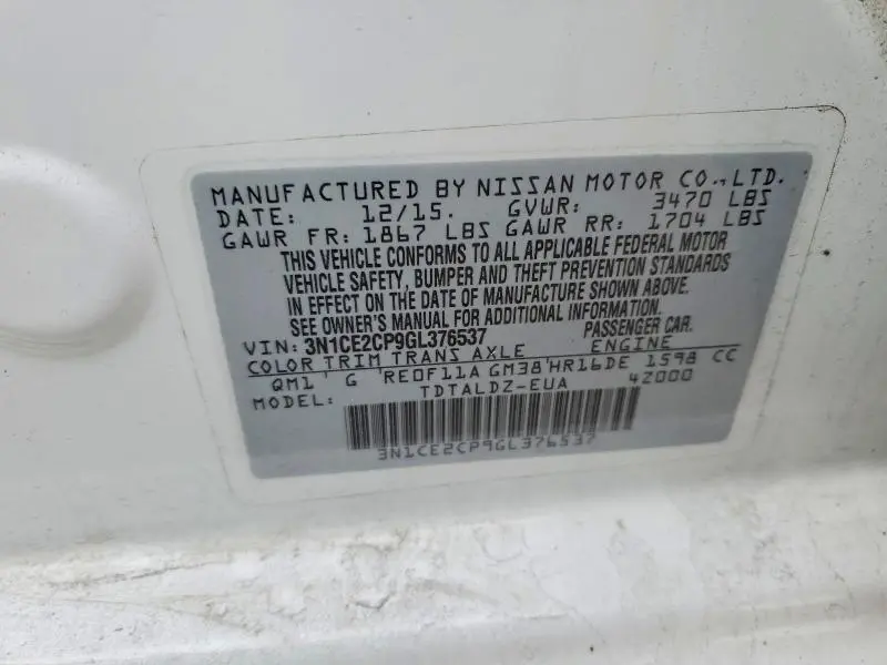 2016 NISSAN VERSA NOTE S  