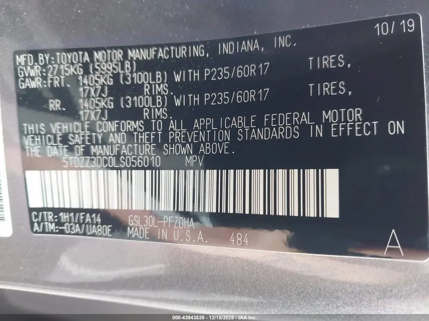 2020 TOYOTA SIENNA L