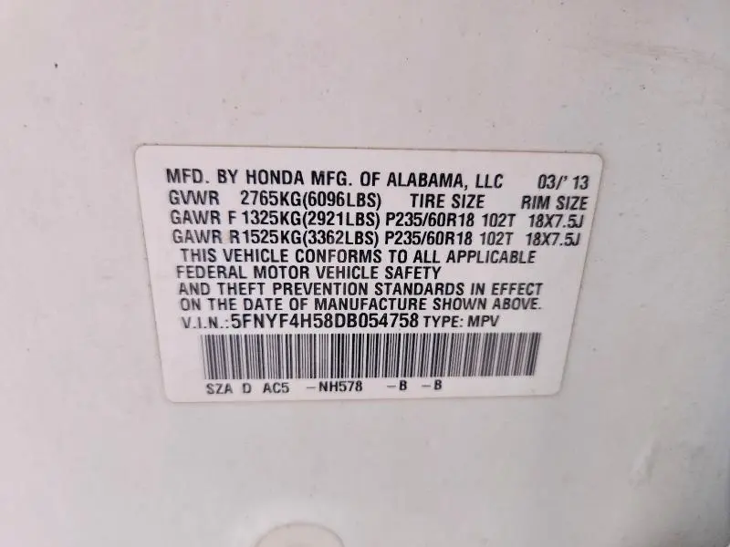2013 HONDA PILOT EXL  