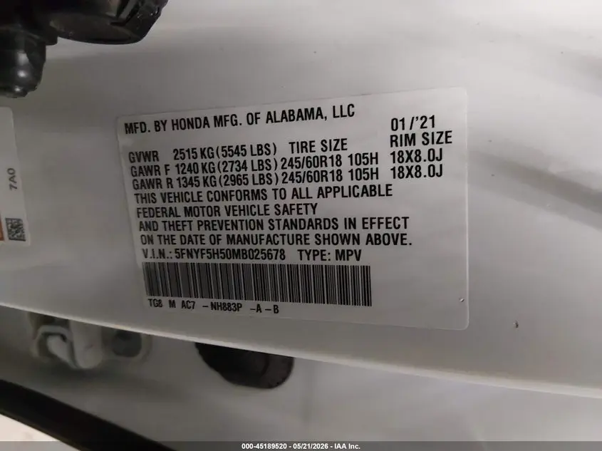 2021 HONDA PILOT 2WD EX-L